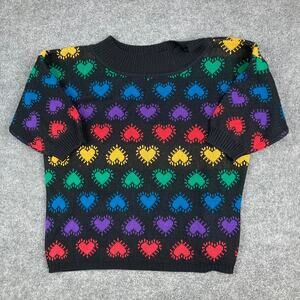Stefano Sweater Womens One Size Black Rainbow Heart Knit Short Sleeve Vintage
